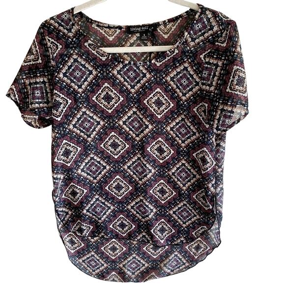 Living Doll Multicolor Diamond Pattern Short Sleeve Semi-Sheer Blouse Size S - Picture 1 of 6